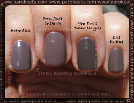 Comparison: Catrice: 200 From Dusk To Dawn vs. 220 Lost In Mud vs. OPI - You Don't Know Jacques vs. Sephora by OPI - Metro Chic