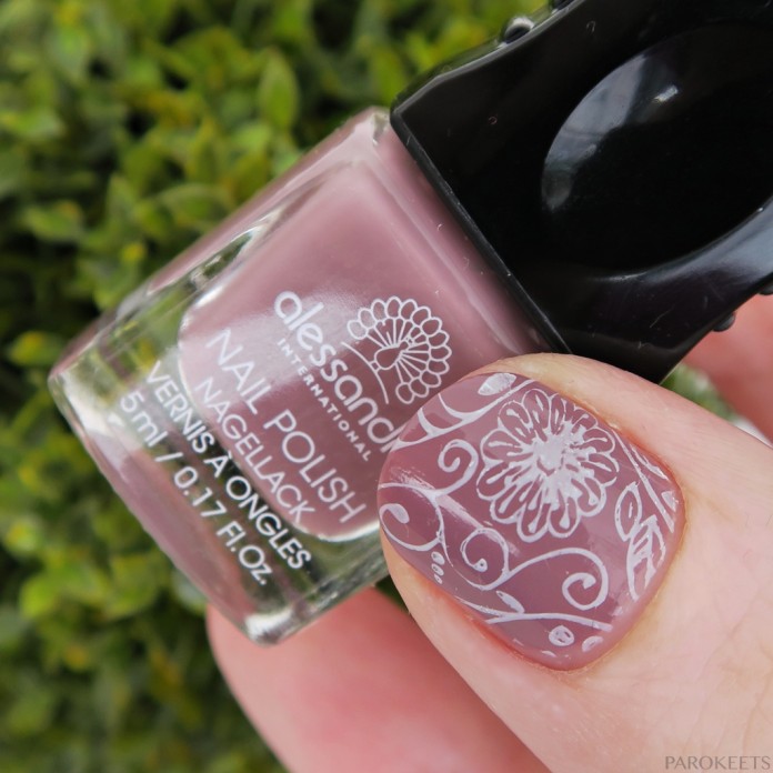 Peaceful taupe manicure with white flower stamping (Alessandro Rocket Man)