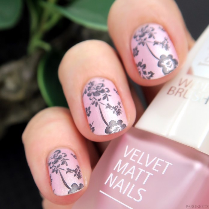 Matt pink nails with grey flower stamping (IsaDora Pink Sugar)