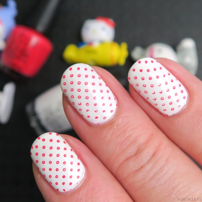 White manicure with pink dots (OPI Hello Kitty 2016)
