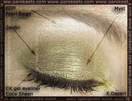 Everyday Minerals - Pearl Beige; Sweetscents: Egyptian Desert, Myst, Jardin, Fancy; Calvin Klein gel liner Cocoa Sheen