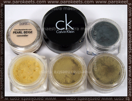 Everydal Minerals - Pearl Beige concealer; Calvin Klein gel liner - Cocoa Sheen; Sweetscents - Fancy, Egyptian Desert, Myst, Jardin