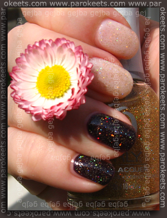 Essie Allure, Essence Devil’s Flavour + Orly Prisma Gloss Gold sunshine