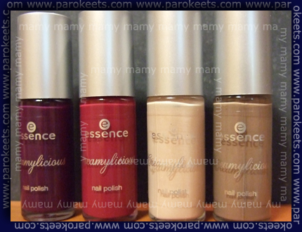 Essence Creamylicious polishes From L to R: 01 Wild Berry Sorbet, 02 Raspberry Smoothie, 03 Iced Chai Latte, 04 Chocolate Shake.