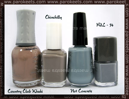 Orly - Country Club Khaki, Essie - Chinchilly, Rival de Loop - 54, Franken - Not Concrete