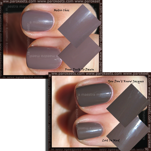 Comparison: Catrice: 200 From Dusk To Dawn vs. 220 Lost In Mud vs. OPI - You Don't Know Jacques vs. Sephora by OPI - Metro Chic