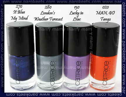 Catrice: 270 It Blue My Mind, 280 London’s Weather Forecast, 130 Lucky in Lilac, 020 MAN, Go Tango