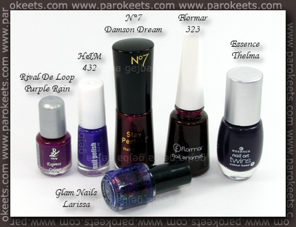 Rival De Loop - Purple Rain; H&M - 432; No 7 - Damson Dream; Flormar 323; Essence - Thelma; Glam Nails - Larissa