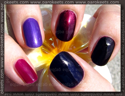 Rival De Loop - Purple Rain; H&M - 432; No 7 - Damson Dream; Flormar 323; Essence - Thelma Rival De Loop - Purple Rain; H&M - 432; No 7 - Damson Dream; Flormar 323; Essence - Thelma