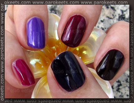 Rival De Loop - Purple Rain; H&M - 432; No 7 - Damson Dream; Flormar 323; Essence - Thelma Rival De Loop - Purple Rain; H&M - 432; No 7 - Damson Dream; Flormar 323; Essence - Thelma