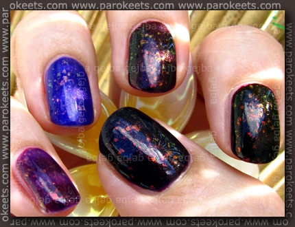 Rival De Loop - Purple Rain; H&M - 432; No 7 - Damson Dream; Flormar 323; Essence - Thelma; layered with Glam Nails - Larissa