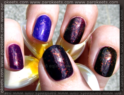 Rival De Loop - Purple Rain; H&M - 432; No 7 - Damson Dream; Flormar 323; Essence - Thelma; layered with Glam Nails - Larissa