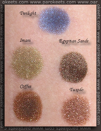 Sweetscents swatches: Twilight, Imani, Egyptian Sands, Coffee, Tuxedo