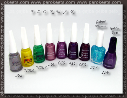 Flormar: 392, N006, N007, 360, 060, 411, 068; Gabrini Elegant 377; Golden Rose 234 Flormar: 392, N006, N007, 360, 060, 411, 068; Gabrini Elegant 377; Golden Rose 234 polishes