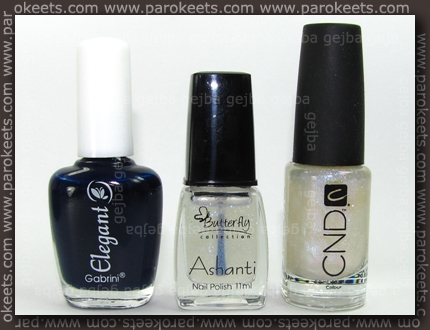 Gabrini 371, Butterfly 387, CND Sapphire Sparkle bottles