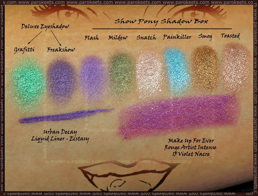 Swatch: Urban Decay: Deluxe Eyeshadows: Freakshow and Graffiti, Show Pony Shadow Box, Liquid Liner - Ecstasy; Make Up For Ever - Rouge Artist Intense: 15 - Violet Nacre