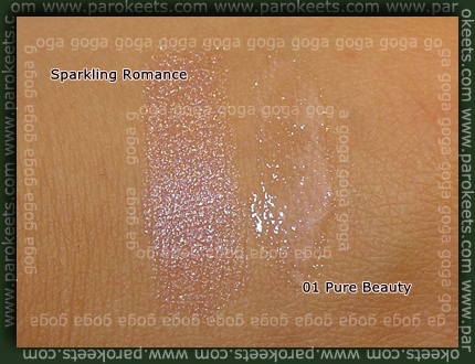 Essence: Sparkling Romance lipstick + Pure Beauty lipgloss swatch