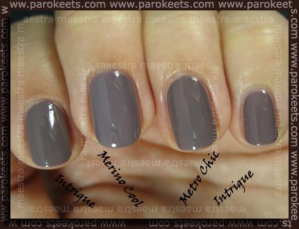 Compraison: Jessica - Intrigue vs. Essie - Merino Cool vs. Sephora by OPI - Metro Chic (2 coats)