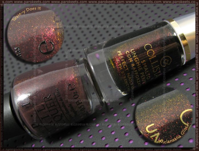 Comparison: OPI Burlesque - Tease-y Does It vs. Collistar - Melanzana Glitter