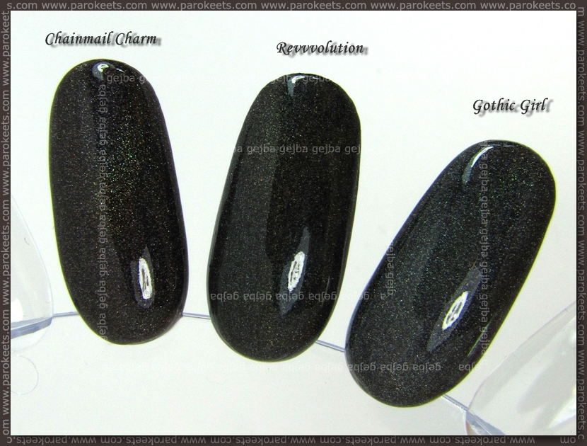 Comparison: Diamond cosmetics Chainmail Charm vs. Color Club Revvvolution vs. Essence Gothic Girl nail wheel