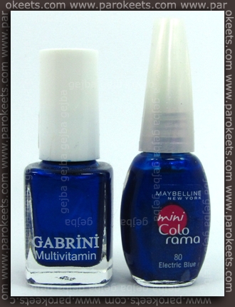 Maybelline Mini Colorama Electric Blue vs. Gabrini 335 bottles