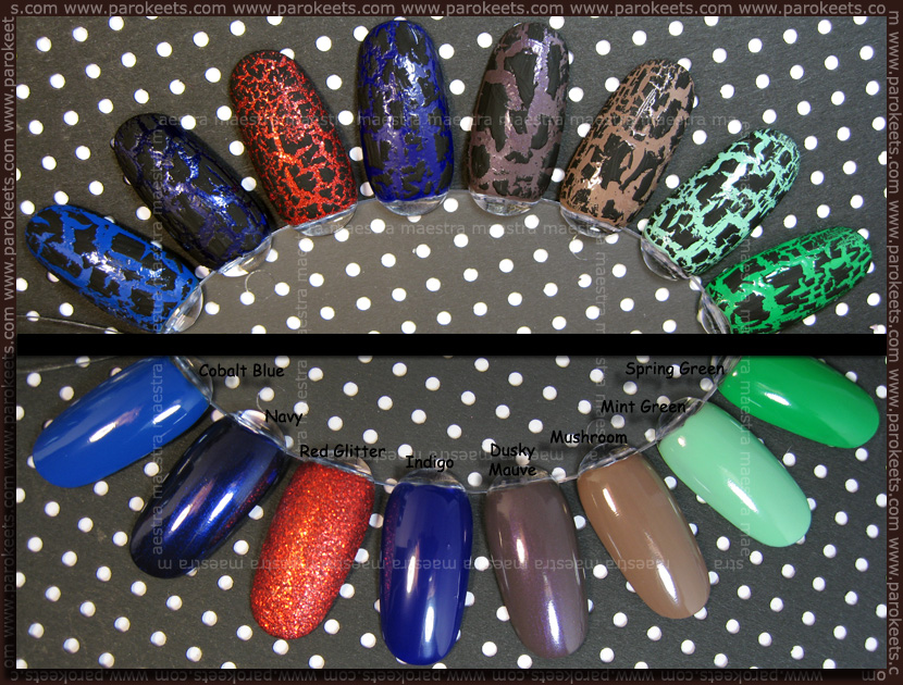 Barry M: Spring Green, Mint Green, Mushroom, Dusky Mauve, Indigo, Red Glitter, Navy, Cobalt Blue + crackle polish Swatch: Barry M: Spring Green, Mint Green, Mushroom, Dusky Mauve, Indigo, Red Glitter, Navy, Cobalt Blue + crackle polish