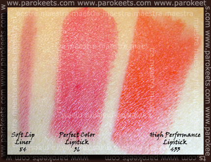 Swatch: Artdeco - Coral Kisses (spring/summer 2011): Soft Lip Liner - 84 Mexican Aster, Perfect Color Lipstick - 36 Pink Thistle, High Performance Lipsticks - 433 Corn Poppy