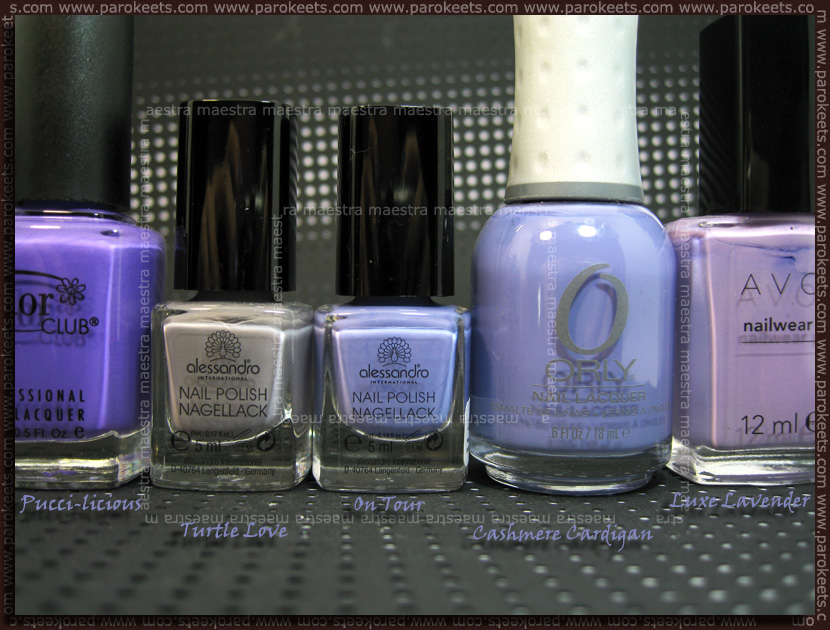 Comparison: Color Club Pucci-licious, Alessandro Turtle Love, On Tour, Orly Cashmere Cardigan, Avon Luxe Lavender by Parokeets