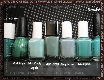 Comparison: Models Own - Slate Green, Sinful Colors - Mint Apple, Essie - Mint Candy Apple, Make Up Factory - 530, Essie - Sag Harbor, Essie - Greenport, China Glaze - For Audrey