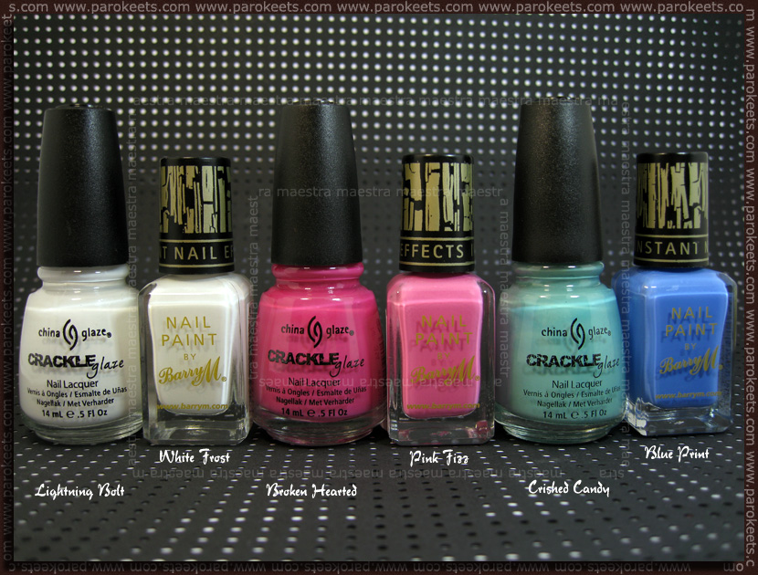 Comparison: Barry M - Instant Nail Effects: White Frost, Pink Fizz, Blue Print vs. China Glaze - Lightning Bolt, Broken Hearted, Crushed Candy