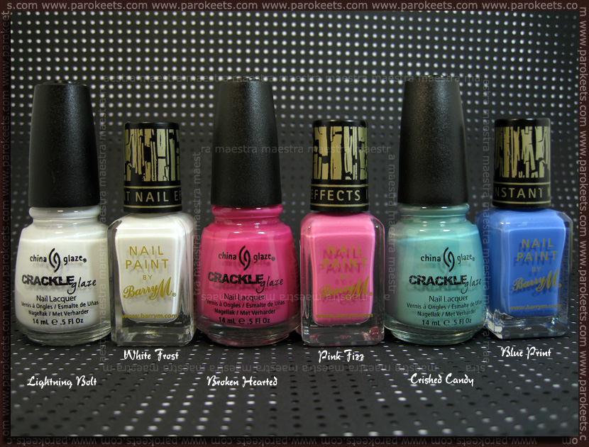 Barry M - Instant Nail Effects: White Frost, Pink Fizz, Blue Print vs. China Glaze - Lightning Bolt, Broken Hearted, Crushed Candy Comparison: Barry M - Instant Nail Effects: White Frost, Pink Fizz, Blue Print vs. China Glaze - Lightning Bolt, Broken Hearted, Crushed Candy