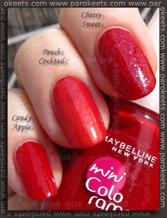 Maybelline mini Colorama: Candy Apple, Cherry Sweet, Peach Cocktail Maybelline mini Colorama: Candy Apple, Cherry Sweet, Peach Cocktail layering