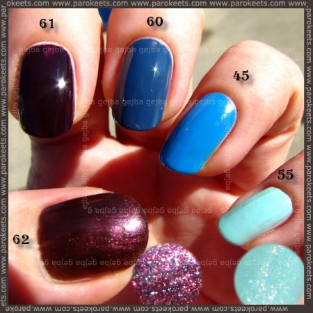 Alessandro nail polish: 62, 61, 60, 45, 55 swatch