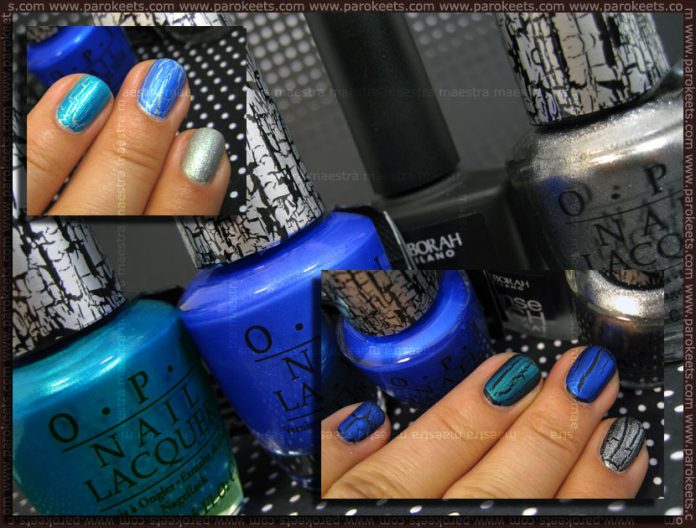 Swatch: OPI - Blue Shatter, Turquoise Shatter, Silver Shatter over Deborah - 01 100% Mat and CQ - Gem Green
