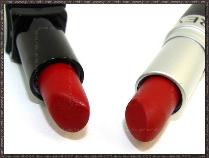 Comparison: Illamasqua Sangers vs. Revlon Matte Really Red packaging
