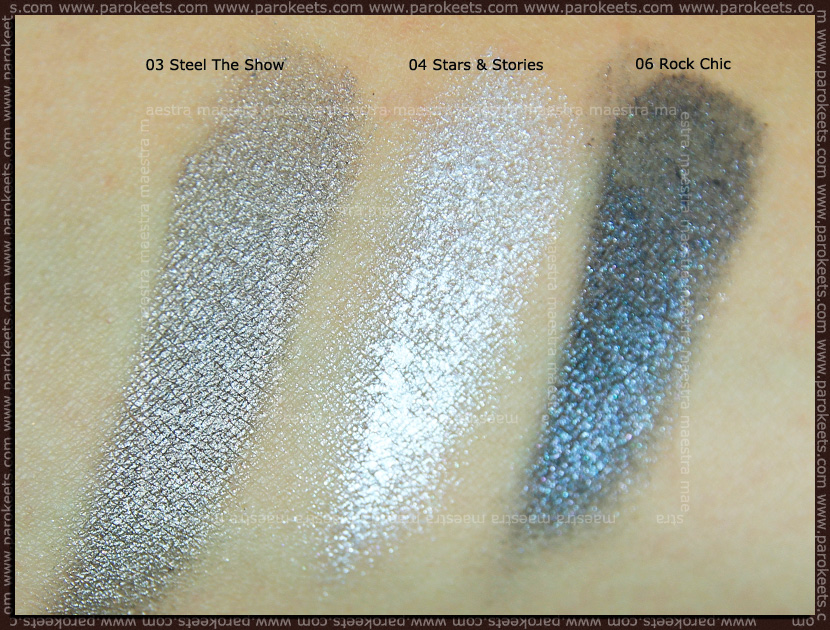 Swatch: Essence - I Love TE: Stay All Day long lasting eyeshadows: 03 Steel The Show, 04 Stars & Stories, 06 Rock Chic