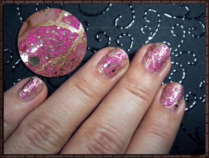 Nail transfer foil manicure with gold accents
