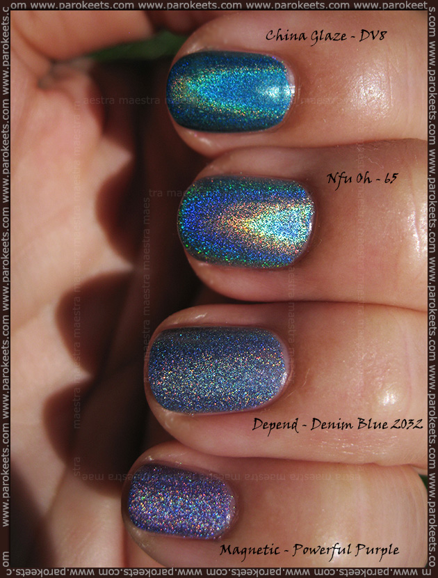 Holographic comparison: Magnetic - Powerful Purple, Nfu Oh - 65, China Glaze - DV8, Depend - Denim Blue (2032) Holographic comparison: Magnetic - Powerful Purple, Nfu Oh - 65, China Glaze - DV8, Depend - Denim Blue (2032)