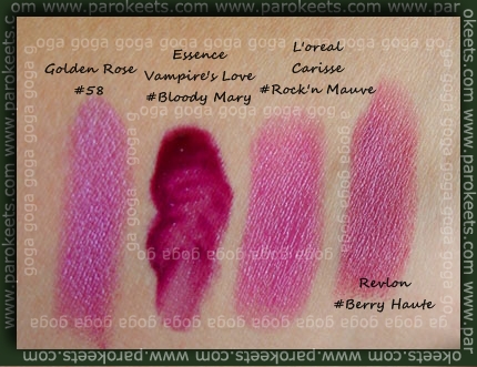 Golden Rose, Essence, L'Oreal, Revlon swatch