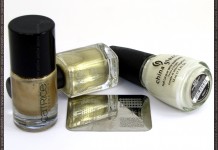 Novoletna manikura … v nevtralnih tonih China Glaze Moonlight, Catrice, Goldfinger, Essence image plate, Kiko 274 products