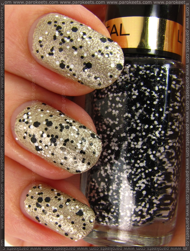 Loreal Confettis topper over Essence Gothic Gold swatch