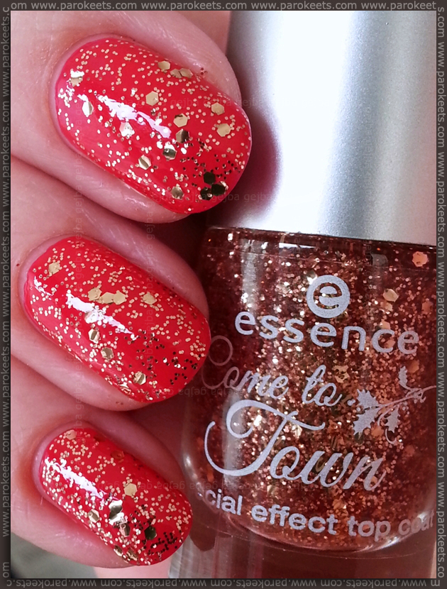 Essence Naughty or nice (Come to town LE) pinkish red, gold top coat