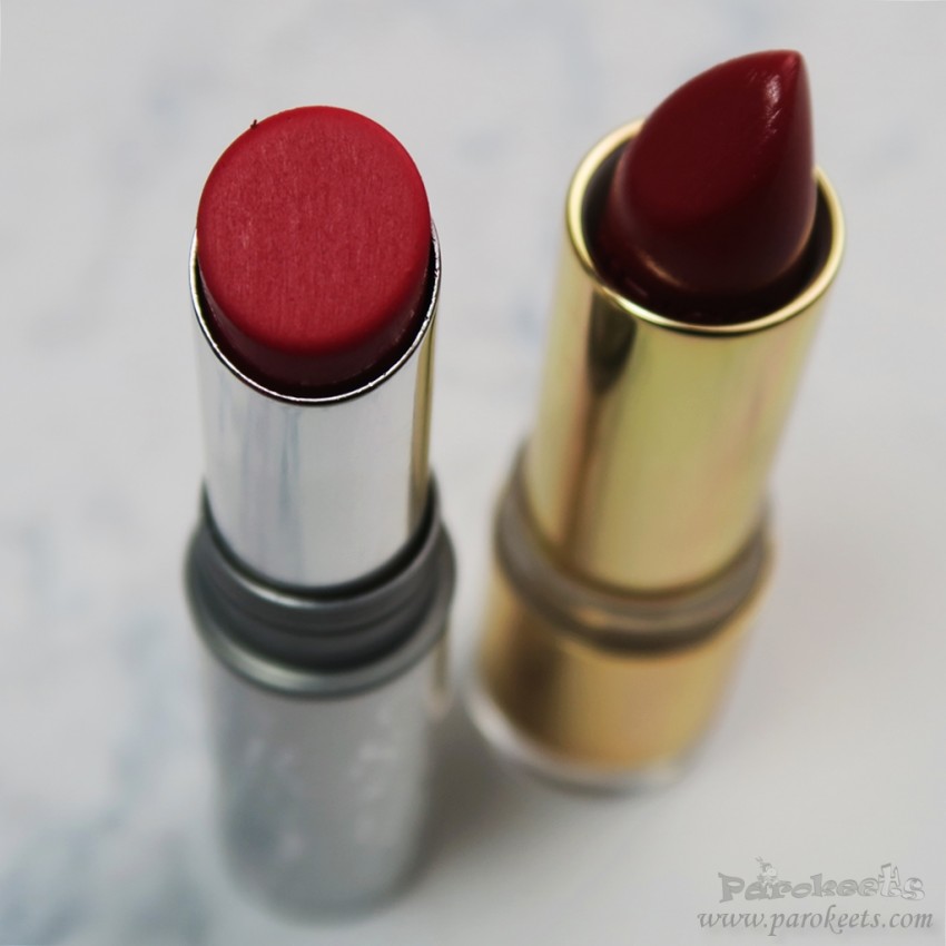 Catrice M-attempt to Conquest vs. Treasured Twinkles red lipstick