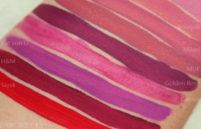 Sleek Rioja Red, HM Screen Siren, Kat von D Susperia, Catrice Plumming Bird, Golden Rose 05, MAke Up Factory Velvet Rosewood, MilaniPrecious, Bourjois Nude-ist