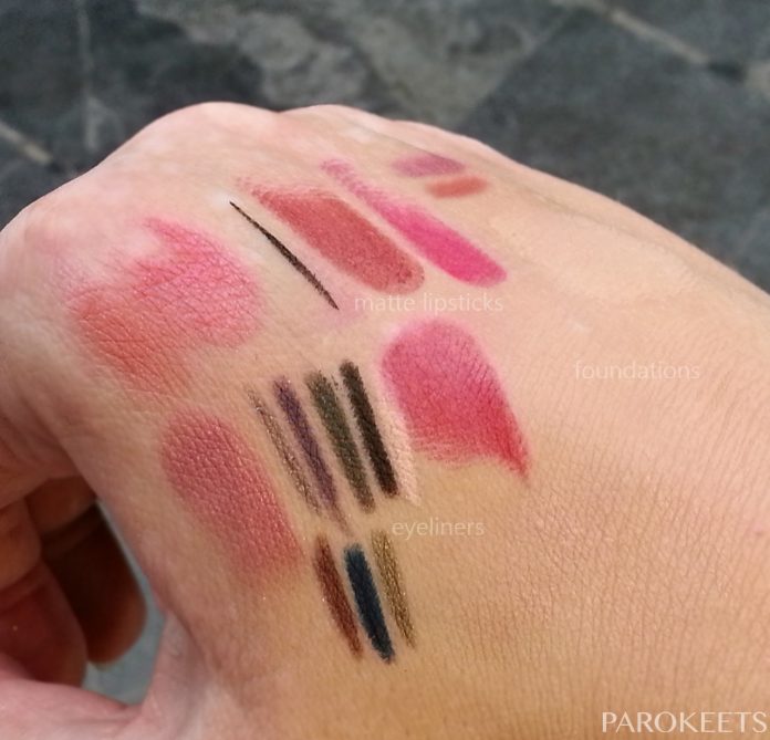 LOV eyeliner, matte lipstick, foundation swatch