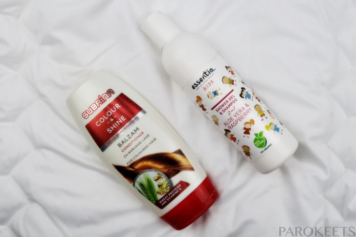 Subrina Colour and Shine balzam, Essentiq Shower Gel Aloe Vera by Gejba Parokeets