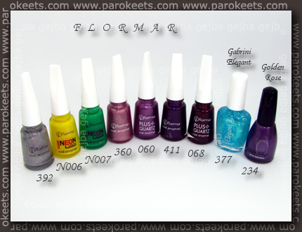 Flormar: 392, N006, N007, 360, 060, 411, 068; Gabrini Elegant 377; Golden Rose 234 polishes