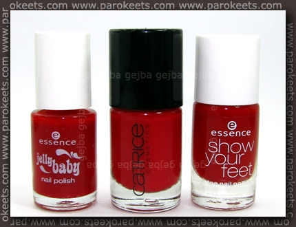 Essence Cherry Juice vs. Catrice Bloody Mary To Go vs. Essence Hot Red comparison bottles
