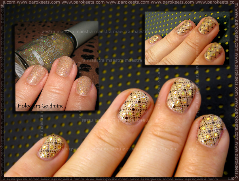 Festive manicure: Magnetic - Hologram Goldime with Konad - IP m79 + Sprinklets Holo Gold