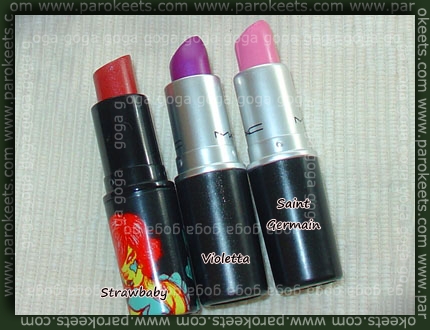 MAC lipsticks: Strawbaby, Violetta, Saint Germain